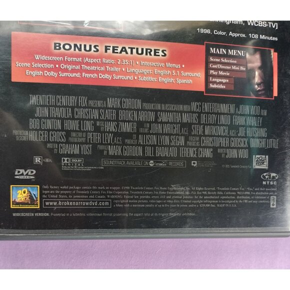 Broken Arrow DVD 1996 John Travolta Christian Slater Action Movie Thriller Disc - Picture 10 of 14